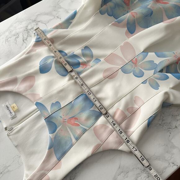 Calvin Klein Scuba Sleeveless Fit n Flare Cream Blue Floral Dress Womens Size 12 - Picture 8 of 10